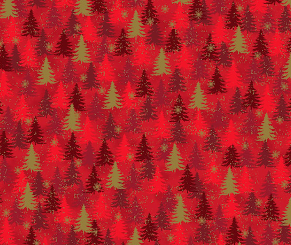 Stof Christmas - Christmas Trees - Red/Gold