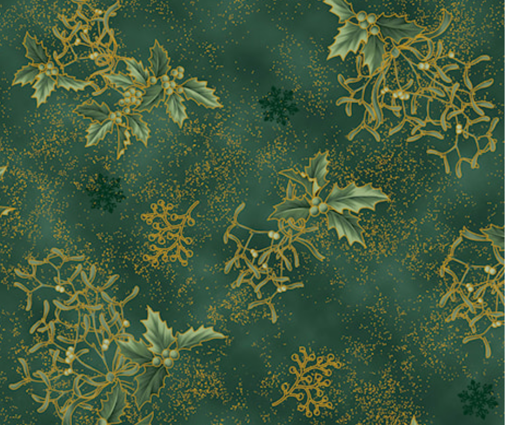 Stof Christmas - Holly - Green/Gold 0.1m