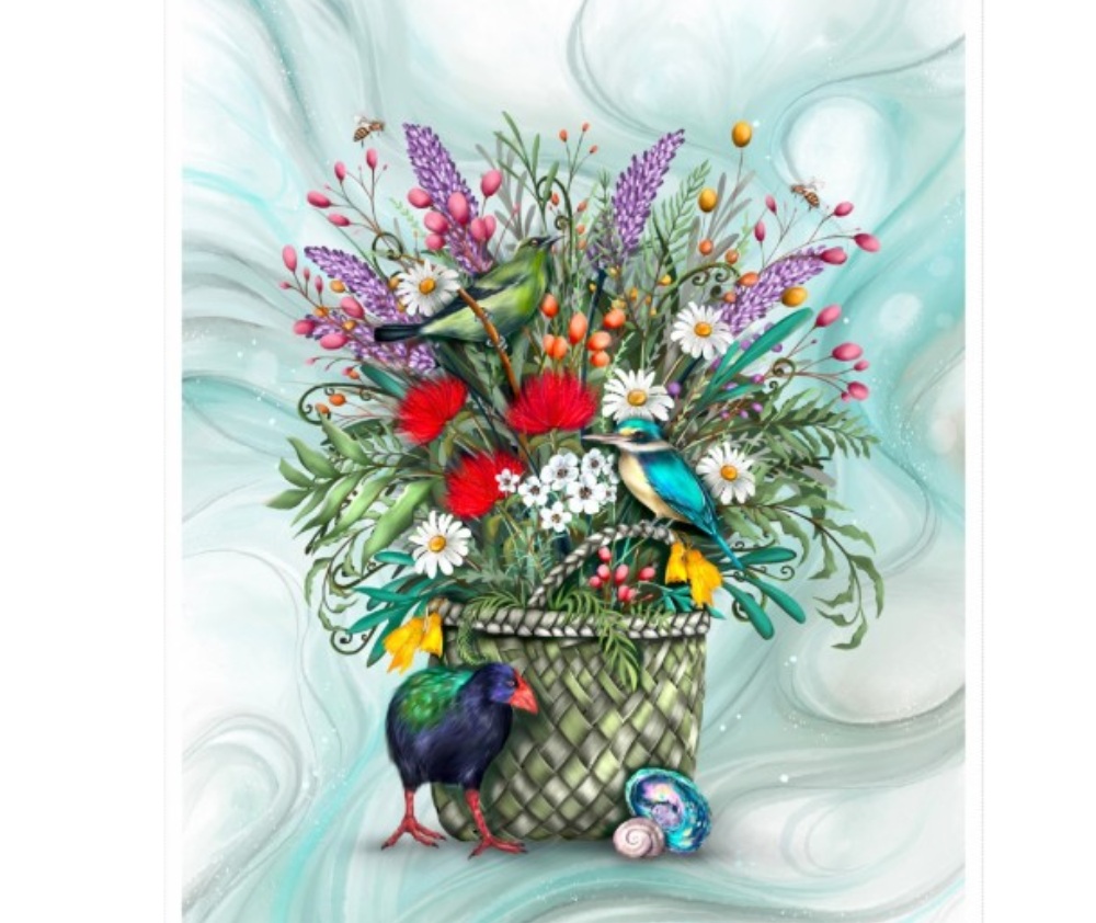 Kiwiana Basket & Blooms Panel (90cm wide)
