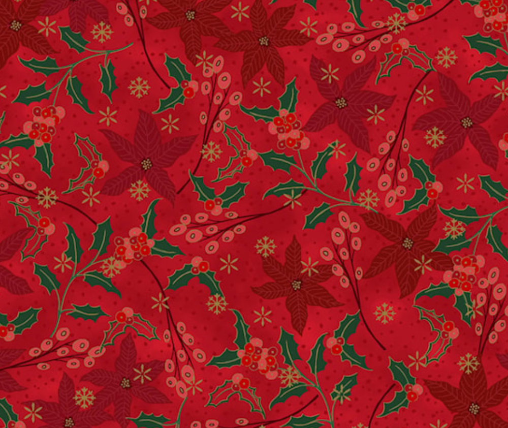 Stof Christmas - Poinsettia and Holly - Red/Gold/Green