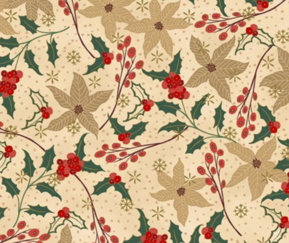Stof Christmas - Poinsettia and Holly - Red/Green/Gold