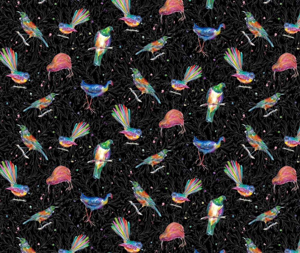 Kiwiana - Splash of Colour Birds Black