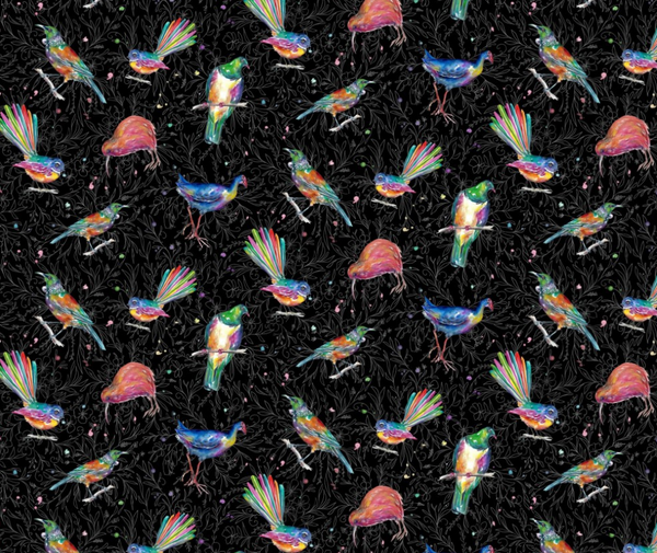 Kiwiana - Splash of Colour Birds Black