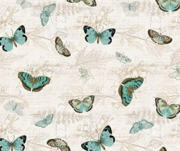 En Bleu Tossed Butterflies Light Cream 100% Cotton - 10cm Increments