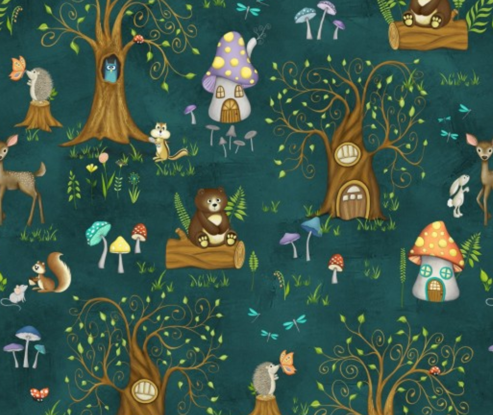 Enchanted Woods Trees & Animals Allover Green