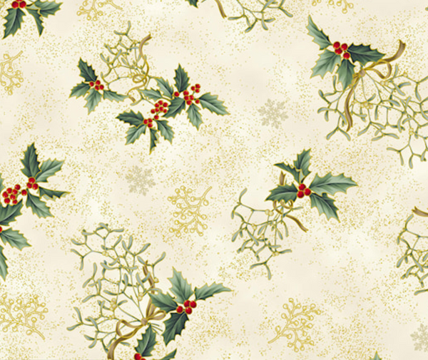 Stof Christmas - Holly - Cream/Gold/Green 0.1m