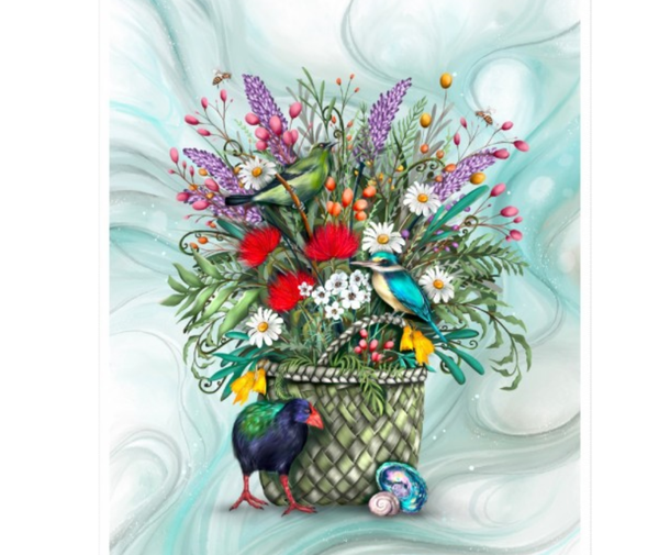 Kiwiana Basket & Blooms Panel (90cm wide)