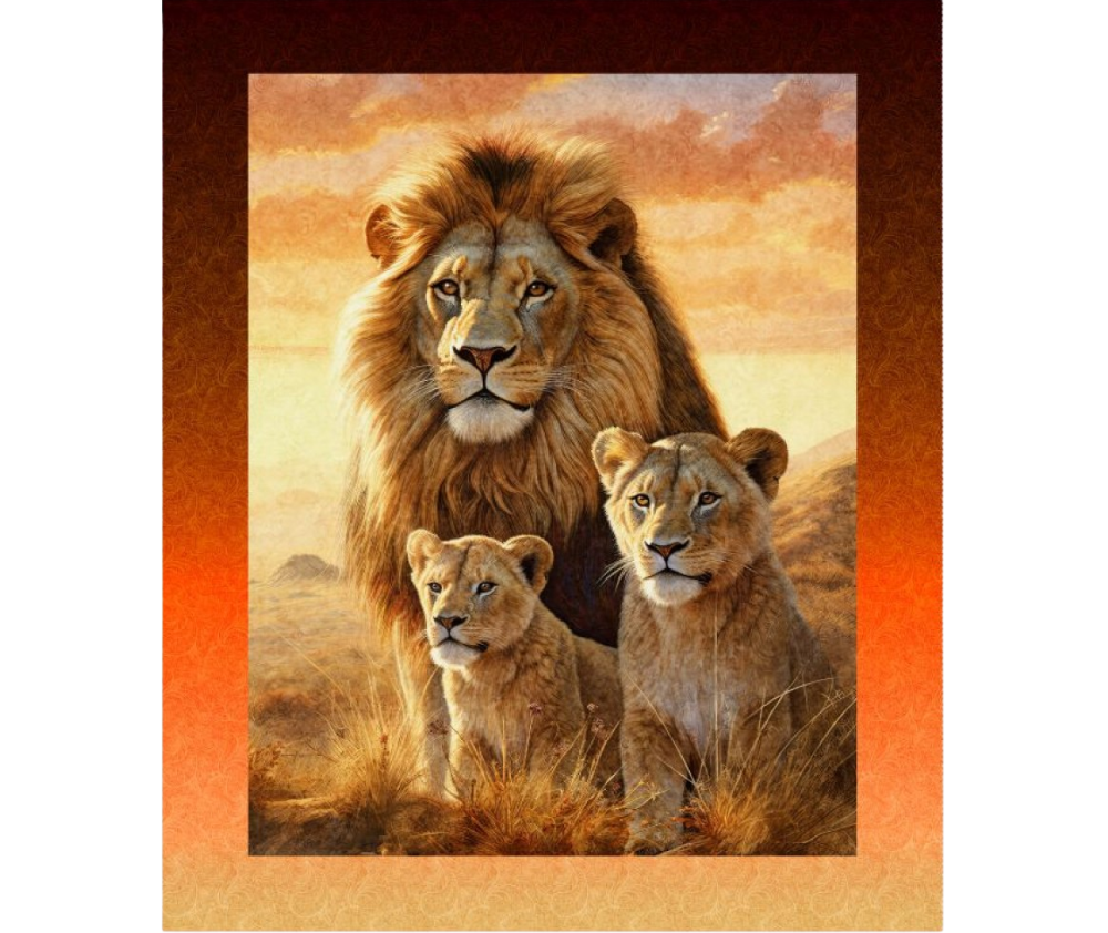 Lion and Cubs Panel (90cm wide) Burnt Orange
