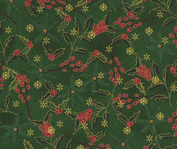 Stof Christmas - Poinsettia and Holly - Green/Gold/Red