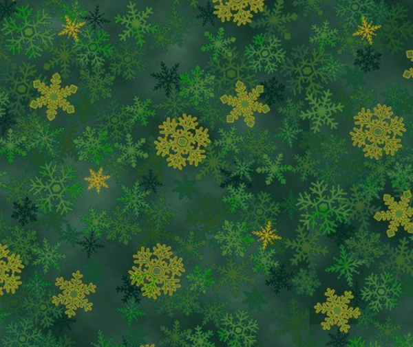 Stof Christmas - Snowflakes - Green/Gold 0.1m