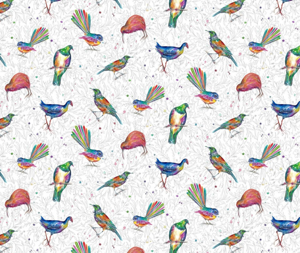 Kiwiana - Splash of Colour Birds White