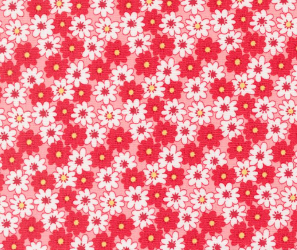 1930s Playtime Friendly Florals Scarlet 100% Cotton - 10cm Increments