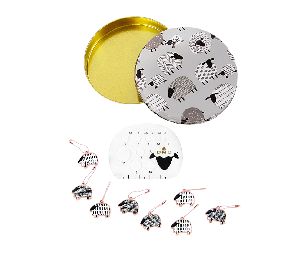 DMC Tin with Needle Gauge and 8 Stitch Markers  - Sheep Print Grey