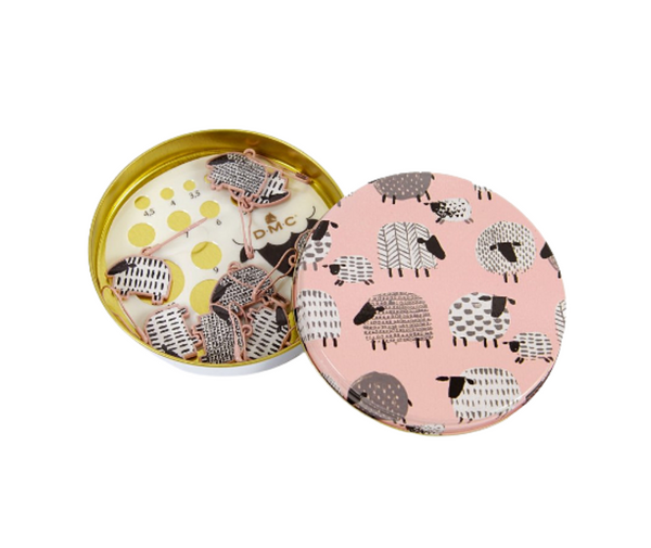 DMC Tin with Needle Gauge and 8 Stitch Markers  - Sheep Print Pink