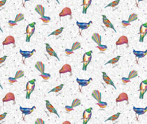 Kiwiana - Splash of Colour Birds White